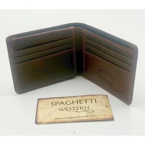 Spaghetti Western Mens‎ Brown Leather Bifold Wallet Classic Slim Card Holder NWT